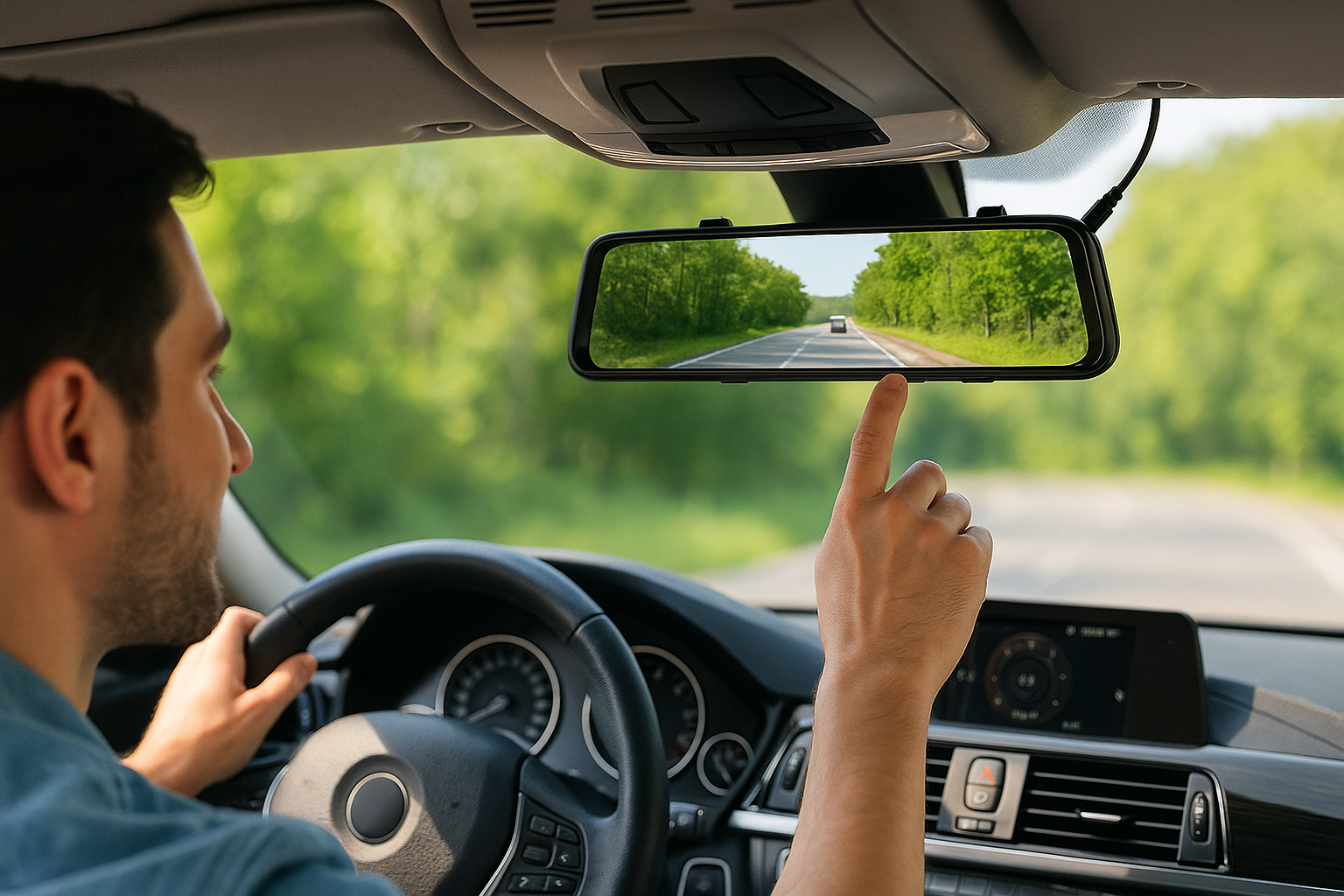 Man using the Wolfbox mirror dash cam